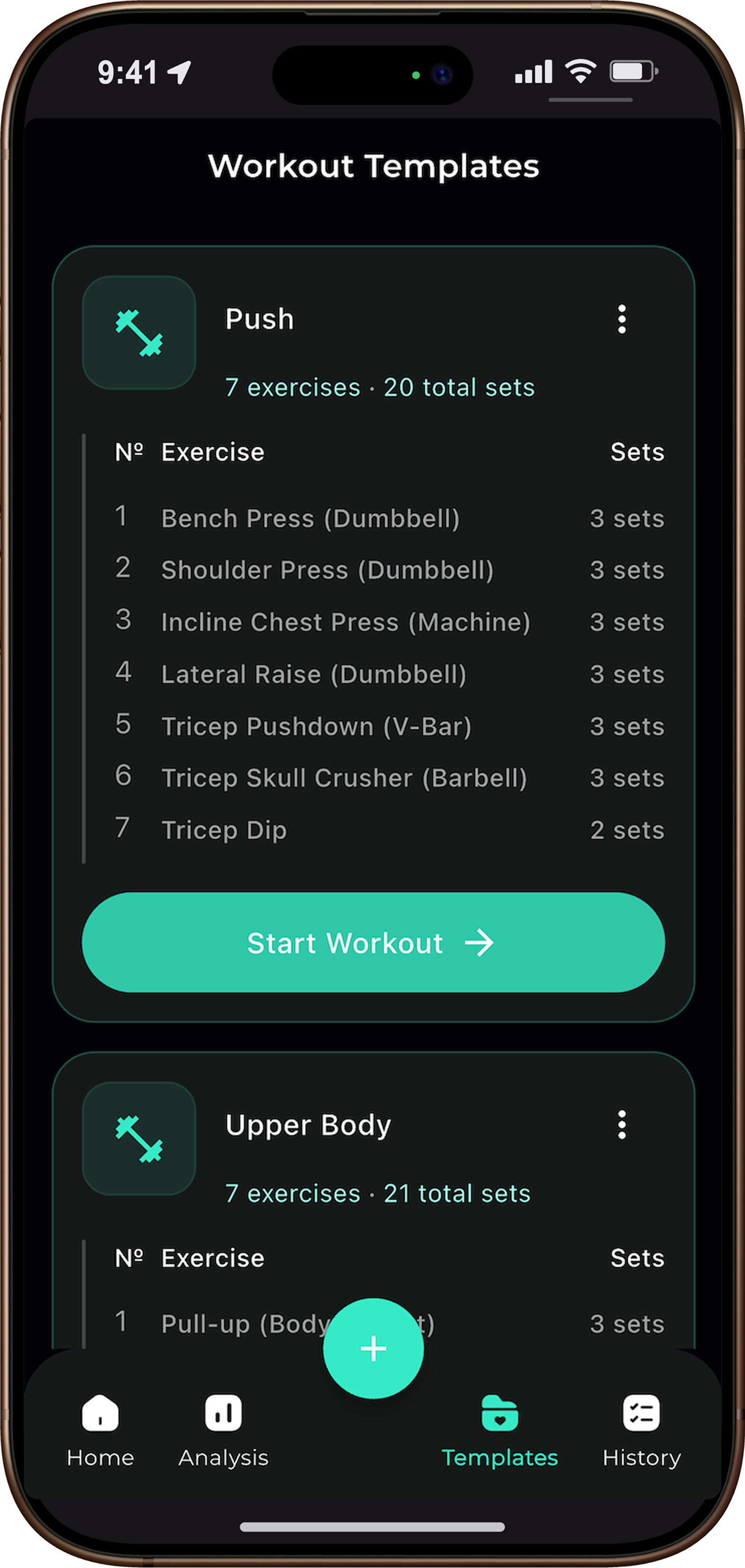 REPR templates screen showing workout library